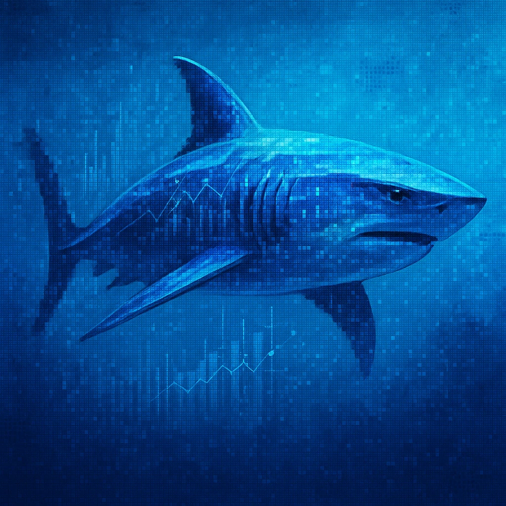 a data shark blending ocean blue colors with pixelated or graph-like textures, digital art style emoji