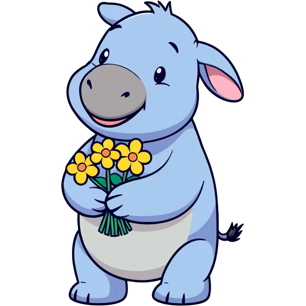 Eeyore smiling holding beautiful flowers emoji