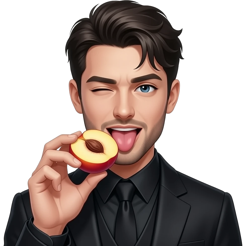 Sexy gothic man holding a Peach cut in half and licking it with his tongue out, winking emoji