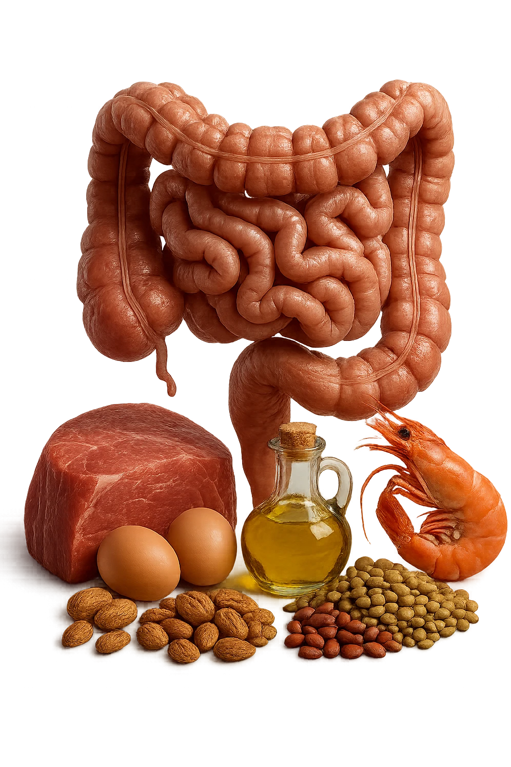 carne, uova, semi oleosi, legumi, crostacei insieme ad INTESTINO umanO realisticO, iperrealistici 4k emoji