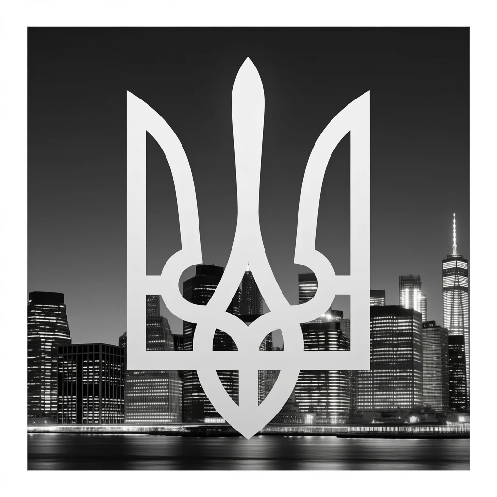 Realistic monochrome ukrainian trident in the sky above reaalistic New York at night emoji