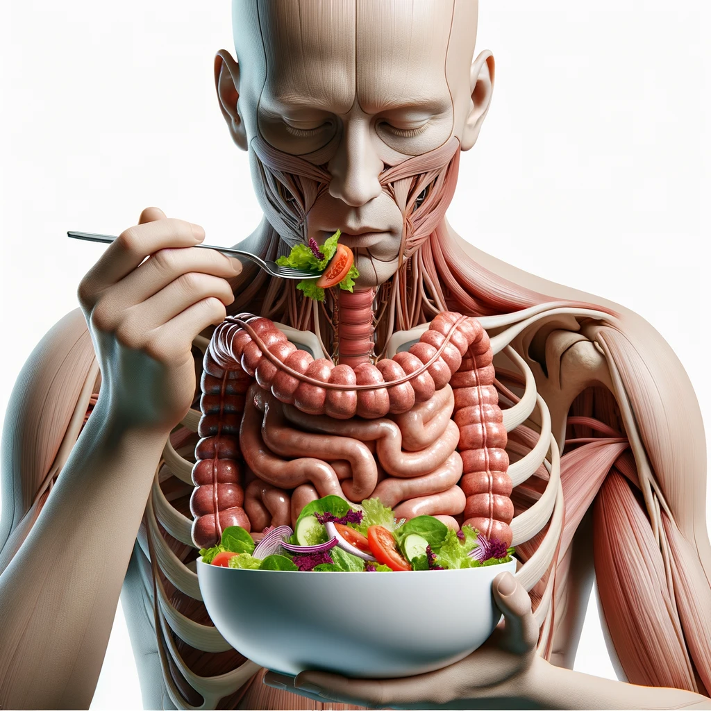 corpo umano anatomico con intestino in evidenza mentre mangia un'insalata con espressione neutra in volto, iperrealistico 4k, isolato su sfondo bianco emoji