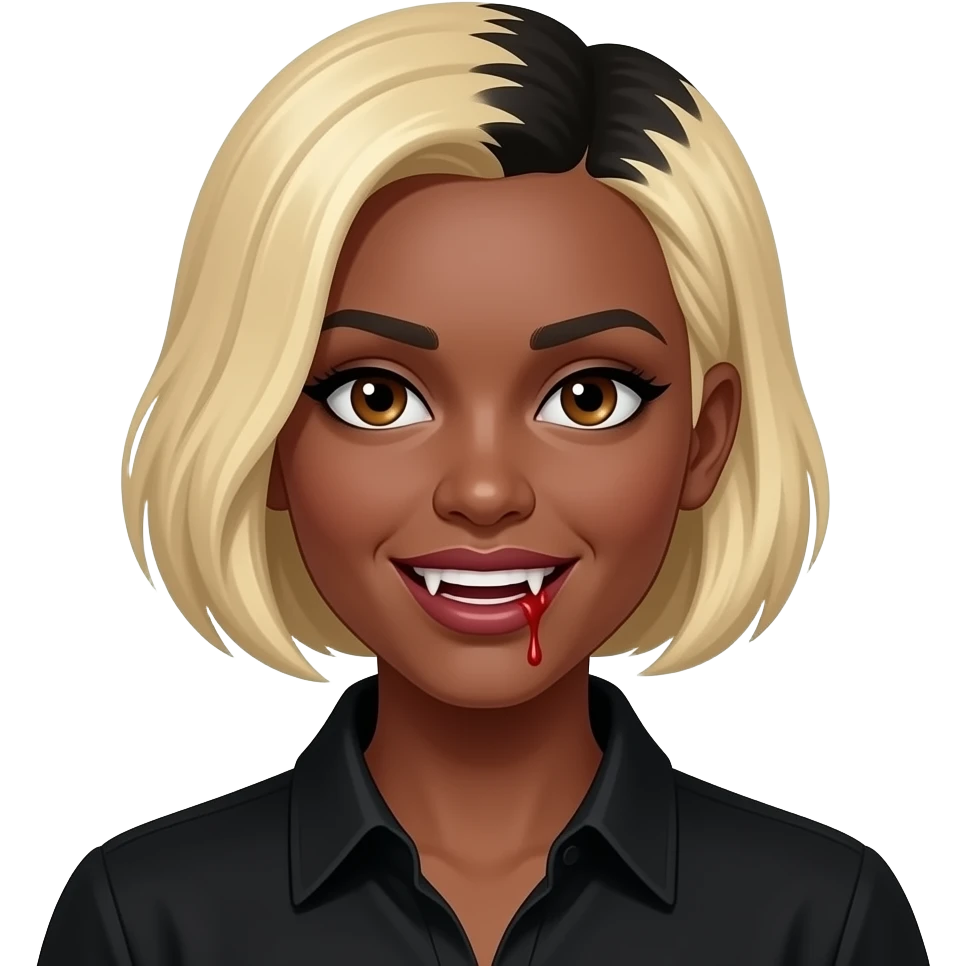women blond short hair with black roots on top to the side, black skin, brown eyes, black shirt,  dracula teeth with blood on the fangs emoji