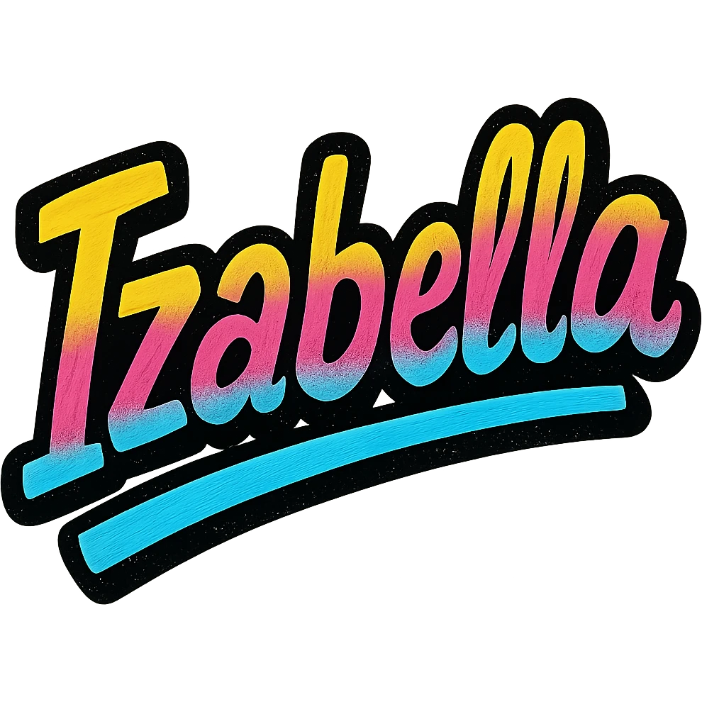 Izabella name in modern colorful gradient font with dark outline, dynamic slanted or partial underline, in the style of reference patterns emoji