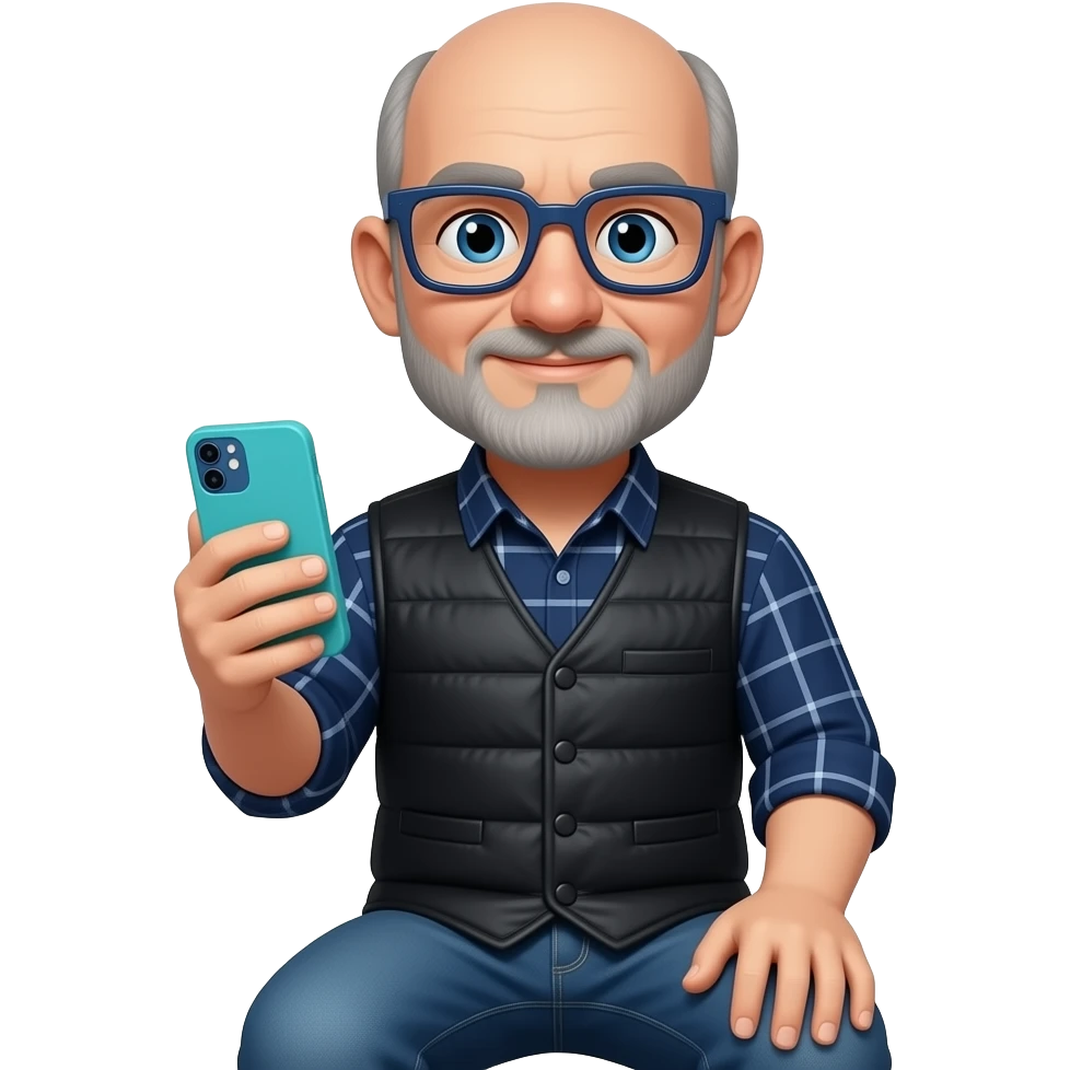 Señor sentado orejas grandes gafas cuadradas azul oscuras nariz grande y un poco de barba gris y casi calvo con algún pelo canoso Está con un teléfono móvil de funda turquesa y una camisa azul marino con líneas a cuadros encima un chaleco de algodón cerrado negro y vaqueros azules. emoji