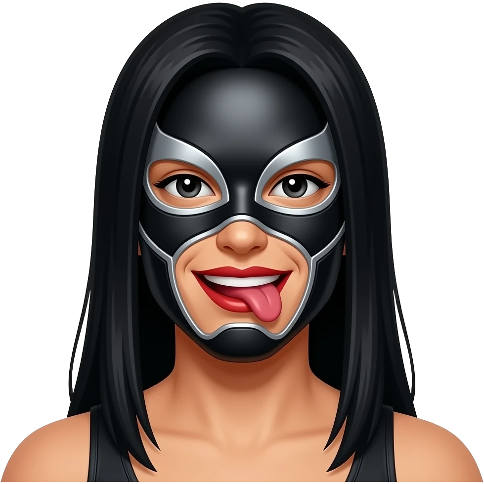 Asi como está solo que tenga cabello largo y lacio de color negro  y labios rojos y la mascara de luchador tipo ciborg negro con plateado, y ojos negros sin fleco y que no se vea el cuello y este sacando la lengua de lado mientras sonrie de forma tenue emoji
