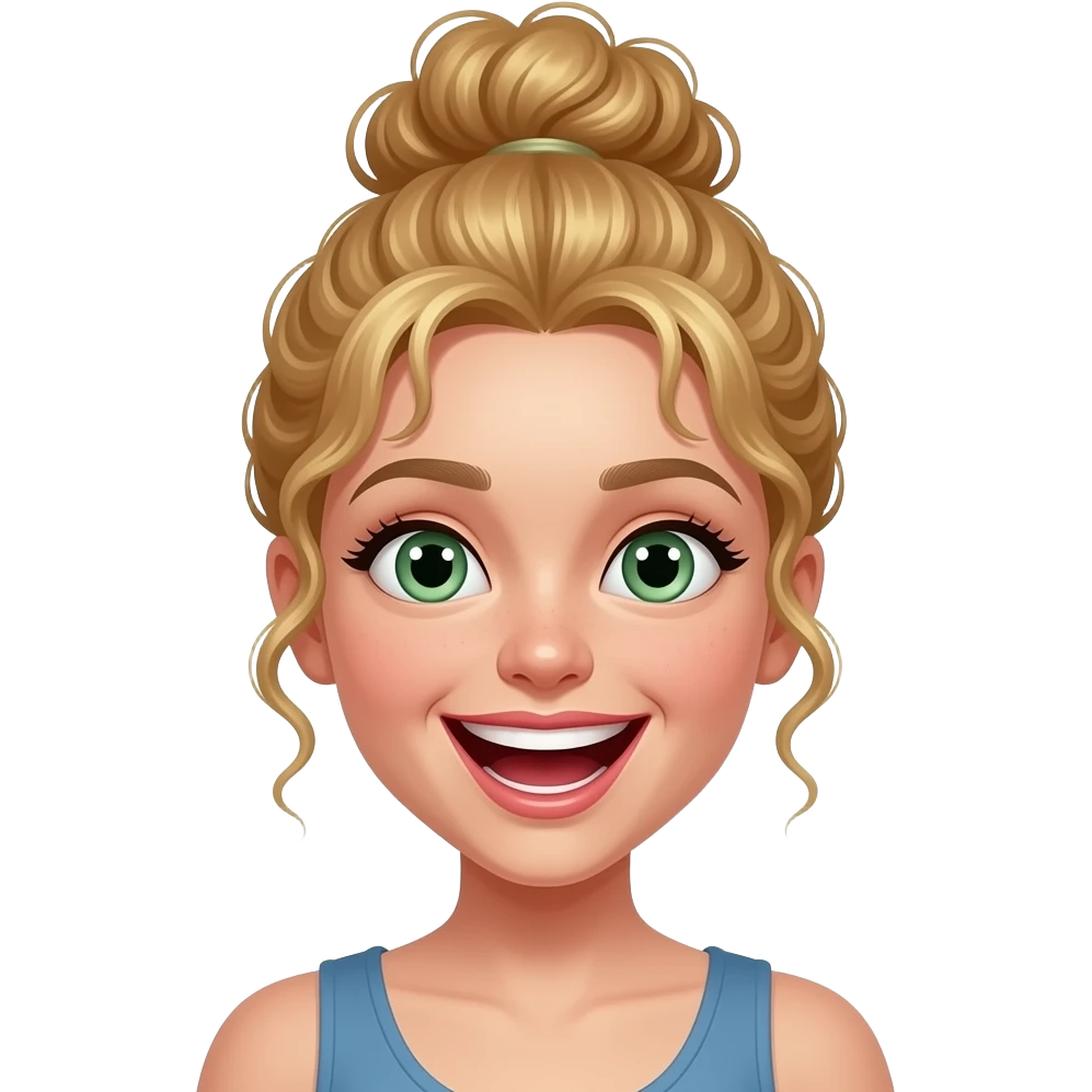 blonde girl with green eyes and curly bun cracking up laughing emoji