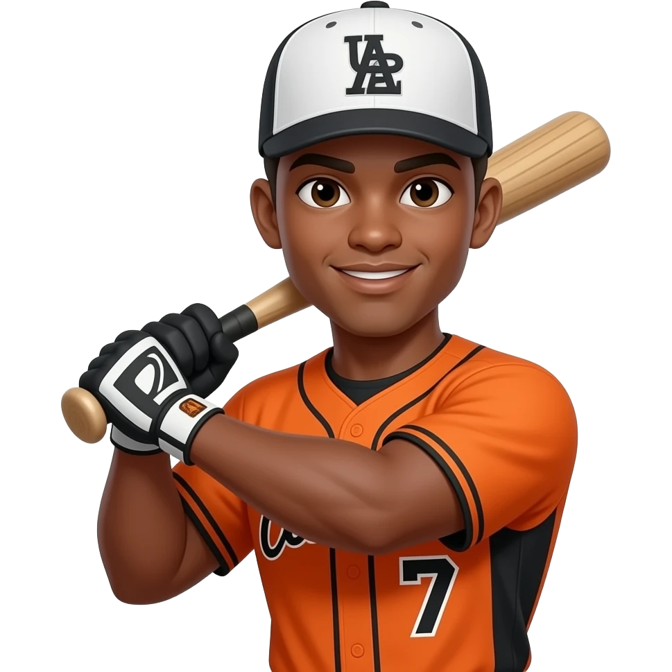 Make a baseball player with the colors, orange and black on the jersey make their skin color tan and make them have a dark brown, low taper fade, put a white hat on them and make sure their number is seven on the jersey and put a bat by them too with muscular arms emoji