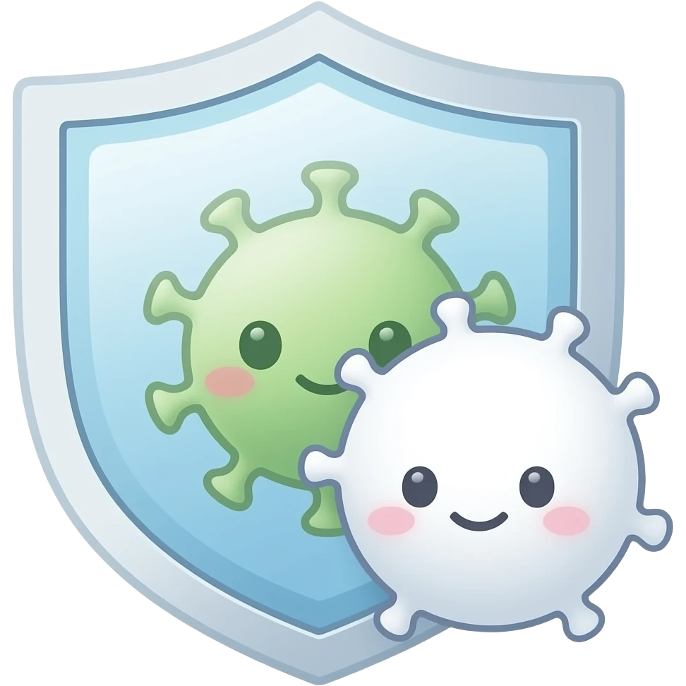 cute minimalistic immune system icon, shield protecting from bacteria and viruses, white blood cells, soft colors, clean aesthetic, simple biology illustration emoji