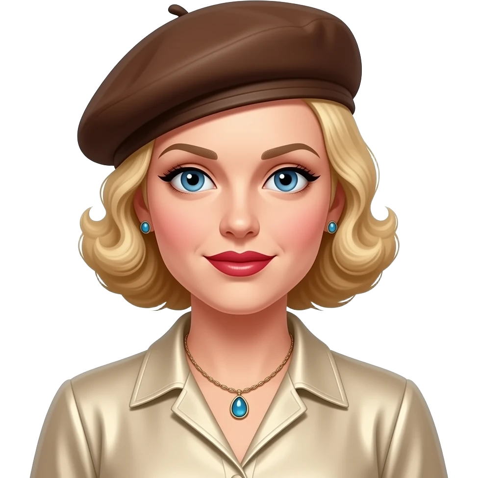 Bonnie Parker from Bonnie & Clyde with blue eyes, strawberry blonde 1930s hair, beige metallic blouse, brown beret, necklace and earrings emoji