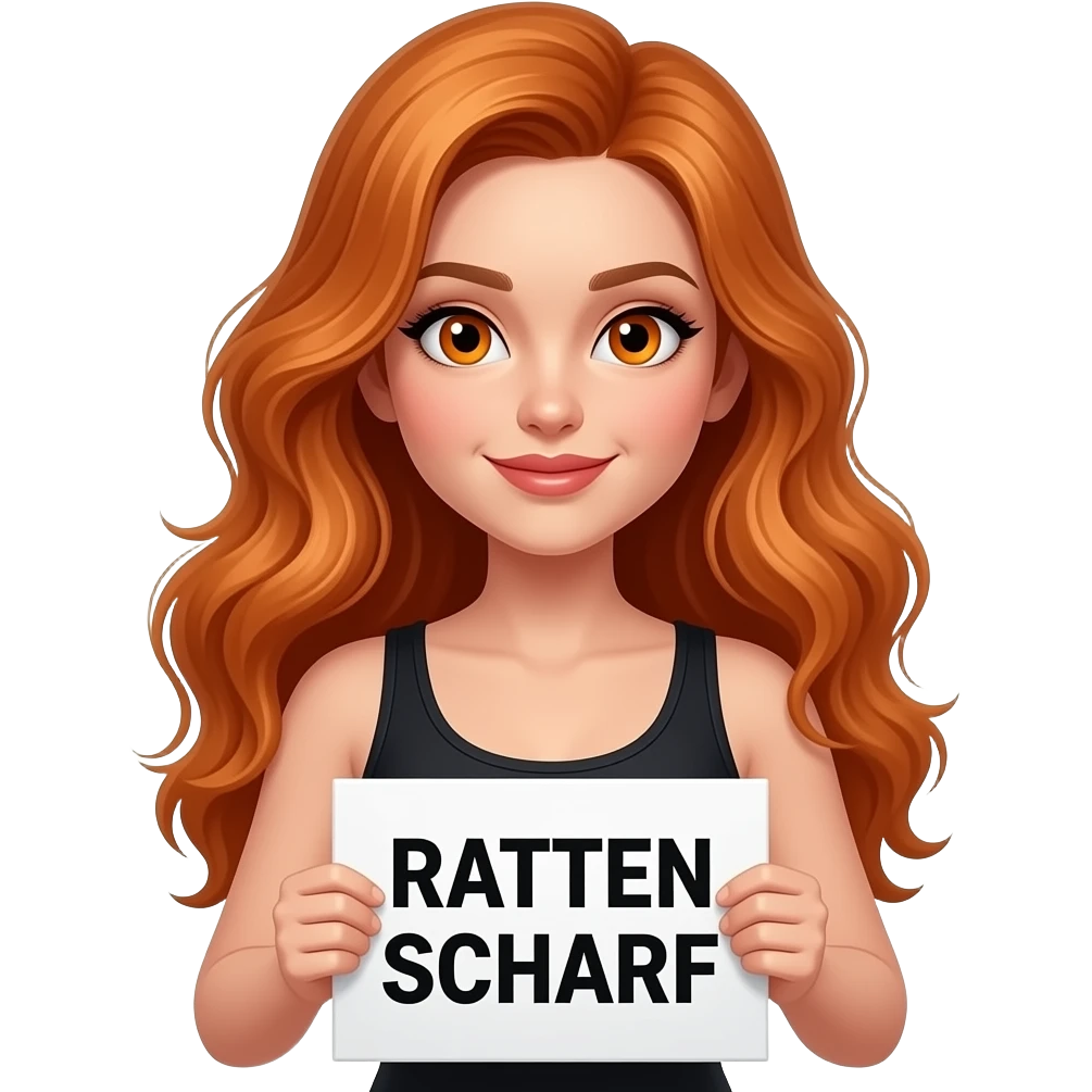 sexy girl with long wavy ginger hair and ginger eyes wearing a black tanktop is holding a white sign with RATTEN SCHARF written on it emoji