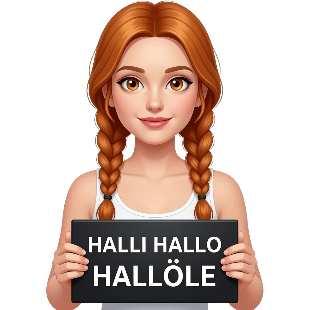 sexy girl with long ginger braids and ginger eyes wearing a white tanktop is holding a black sign with HALLI HALLO HALLÖLE written on it emoji
