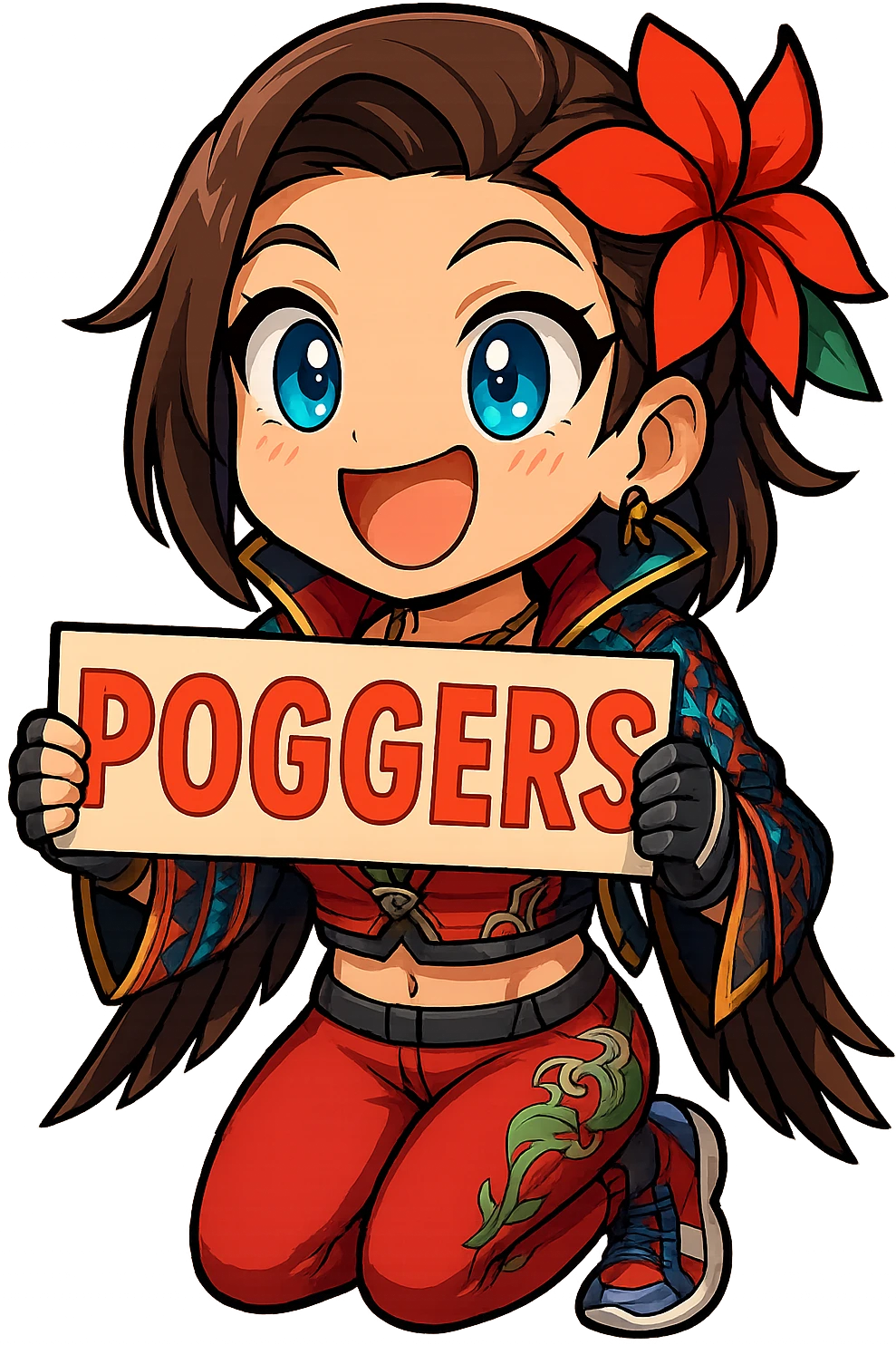 Azucena from Tekken 8 in chibi sticker style, holding a sign that says 'POGGERS' with an excited expression, wearing the detailed red and patterned outfit from the reference images, designed for Twitch emote use. emoji