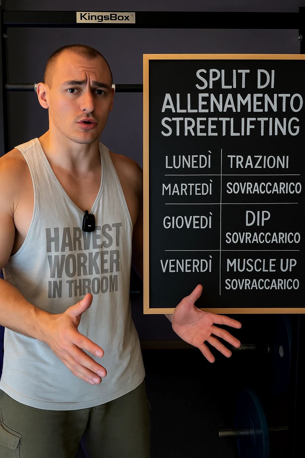 uomo che spiega alla lavagna la "Split di Allenamento" per lo streetlifting. tutto in italiano emoji