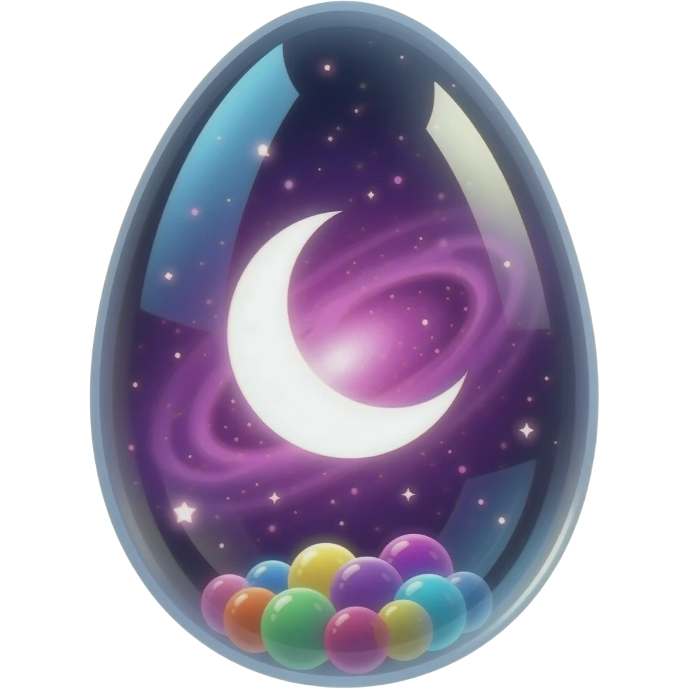 transparent glowing cosmic egg with no visible shell, fully see‑through, containing a swirling purple‑pink nebula and a luminous crecent moon, floating multicolored light orbs inside, isolated object, transparent background emoji