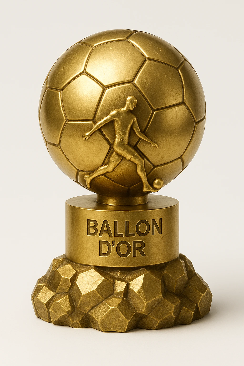 Add a footballer silhouette to the Ballon d'Or trophy, keeping a stylized cartoon gold look with sparkles and a simple background. emoji