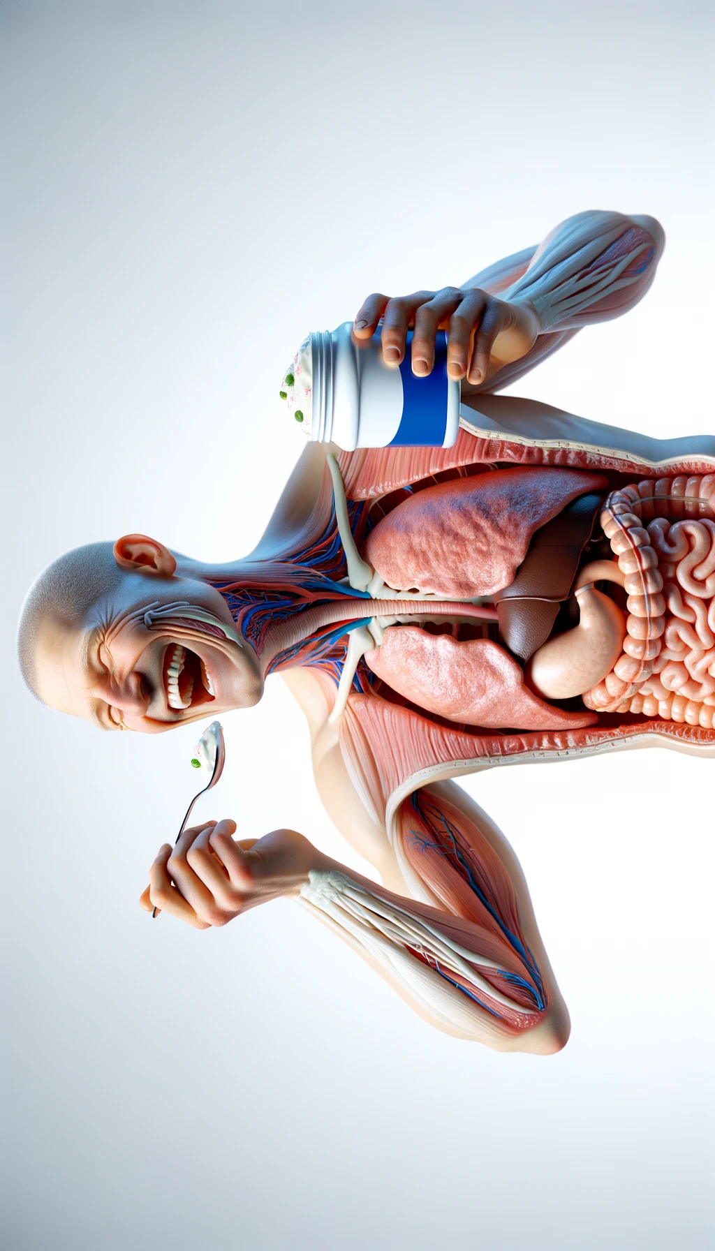corpo umano anatomico con intestino in evidenza mentre mangia uno yogurt con espressione felice in volto, iperrealistico 4k, isolato su sfondo bianco emoji