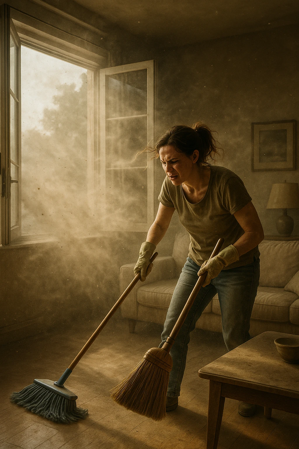A realistic, cinematic image of a person cleaning a living room with a mop and broom, windows wide open letting in a strong gust of wind. Through the open windows, thick clouds of dust, pollen, and small debris visibly swirl into the room, floating in sunbeams that highlight the particles in the air. The person looks frustrated and tired, mid-action sweeping but clearly battling the incoming dust. Around the room, some furniture and surfaces already show a thin layer of dust settling. The scene is bathed in natural daylight with a slightly hazy atmosphere due to the airborne dust. The color palette uses warm, muted tones emphasizing the contrast between cleanliness efforts and the stubborn dirt and dust invading the space. The focus is on the tension between trying to clean and the unavoidable mess coming in from outside. emoji