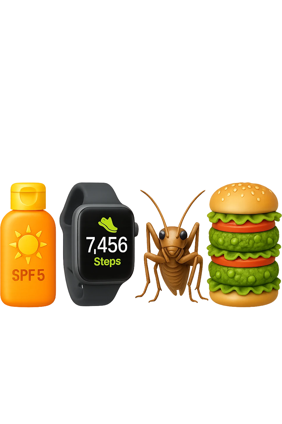 emoji stile iphone di una boccetta di CREMA SOLARE, UNO SMARTWATCH CONTAPASSI, UN GRILLO, UNA TORRETTA DI HAMBURGER FATTI CON I PISELLI, IPERREALISTICO 4K emoji