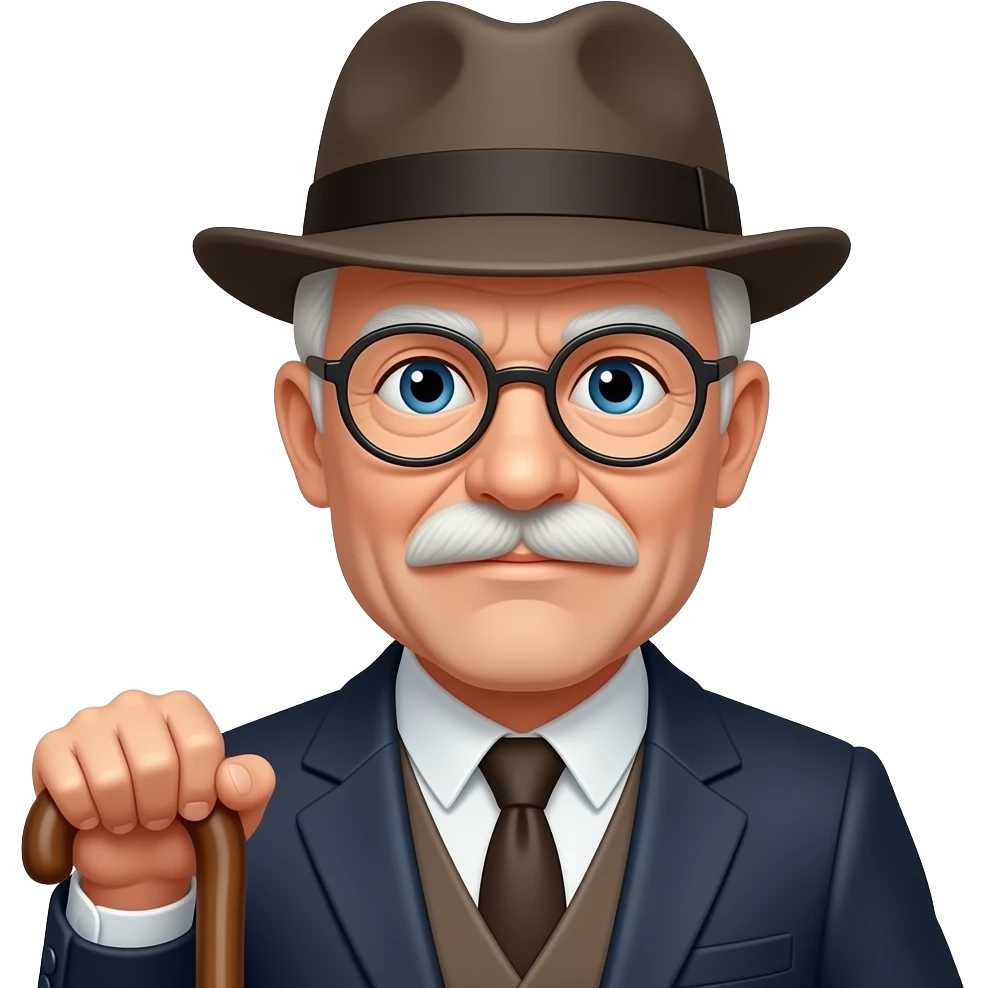 Daper old man with hat. Glasses and a walking cane, no mustache emoji
