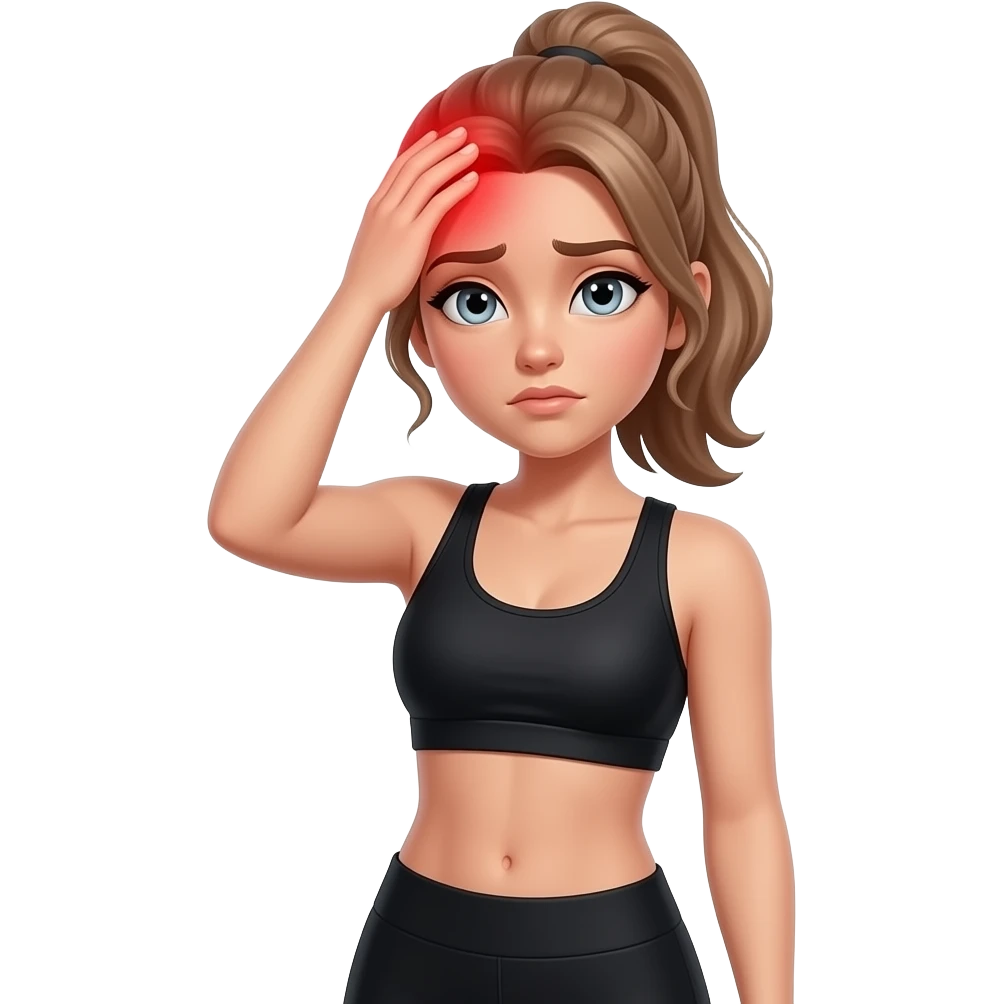 head pain, red glow on head, woman holding her head, fair-skinned woman, gray-blue eyes, ash brown brows, ash light brown hair tied back, slim athletic body, black workout set emoji
