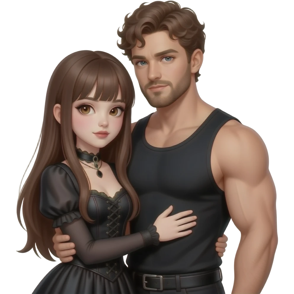 realistic pretty pale skin long straight brown hair girl brown eyes long face wearing gothic dress and gothic makeup HD and her muscular man short brown curly hair and beard hugging emoji