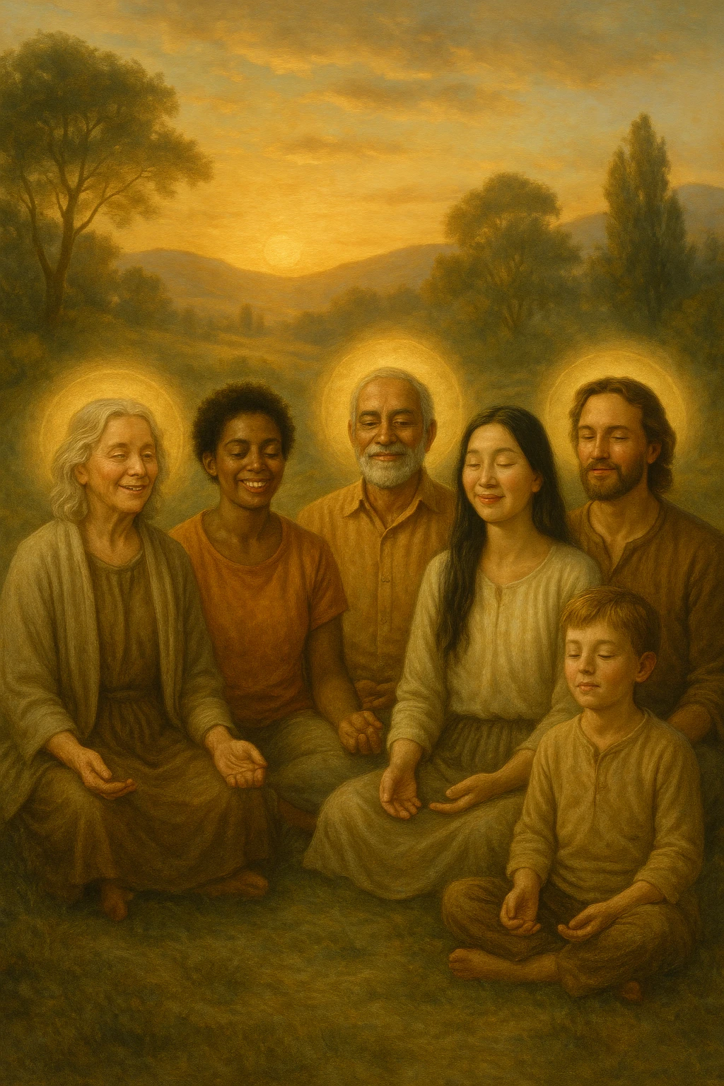 a diverse group of people of different ages and backgrounds sit together in a peaceful natural setting at sunrise, each with serene, joyful expressions. Subtle auras or soft light halos surround them, symbolizing spiritual awakening and inner harmony. The background features gentle hills, trees, and a glowing sky, evoking unity and connection. realistica italiano emoji