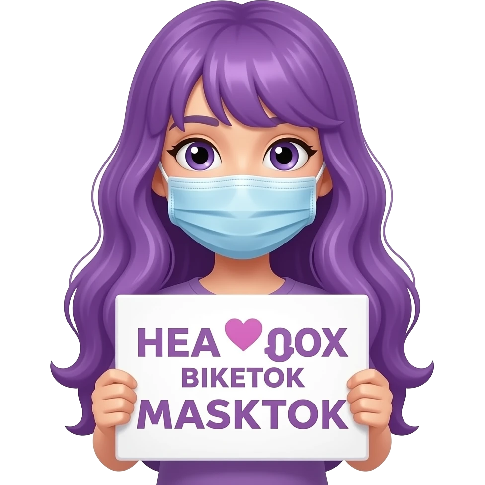 girl with long purple hair holding a HEART BOOKTOK BIKETOK MASKTOK sign emoji