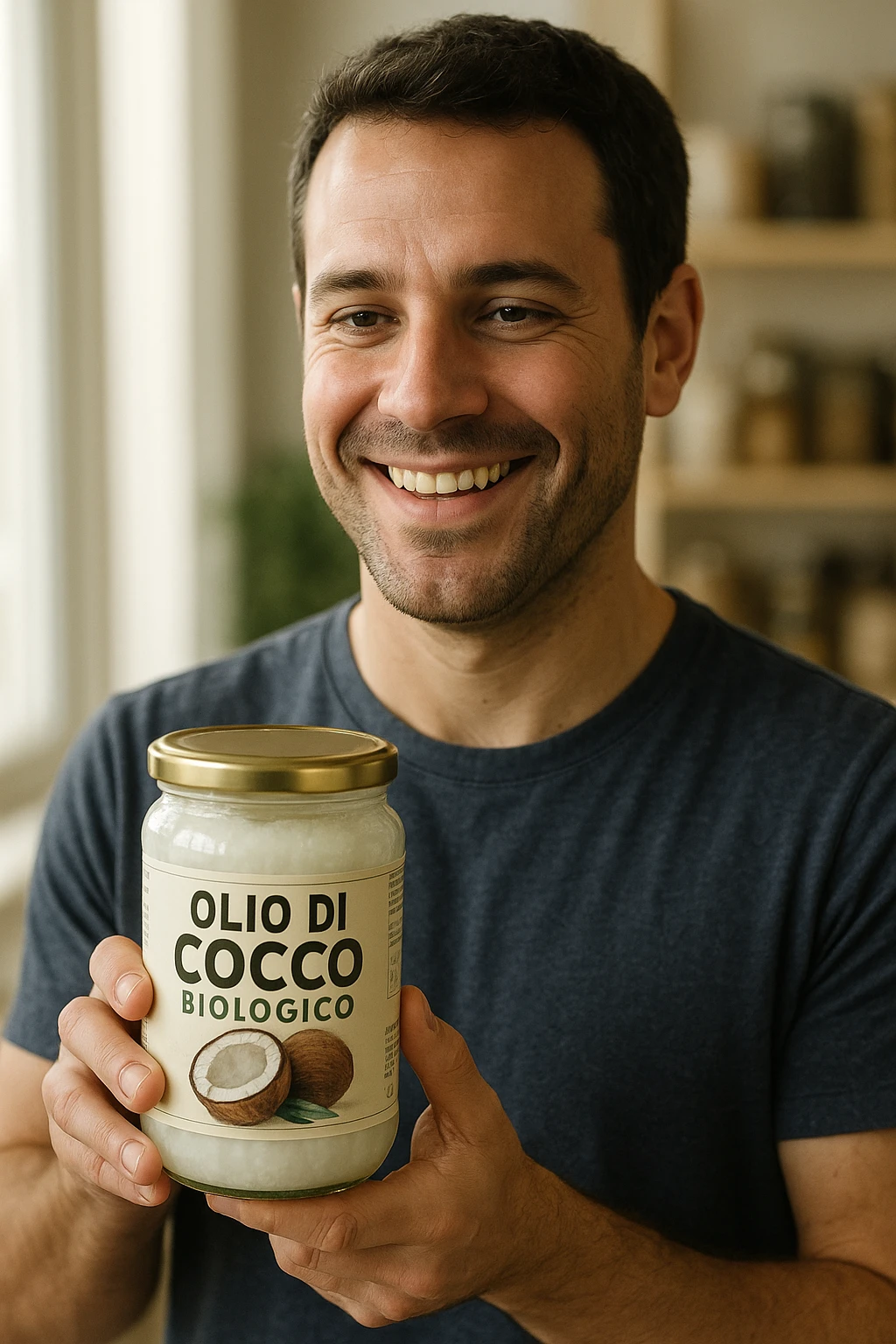 realistic and cinematic style portrait of a smiling man choosing organic coconut oil, face and features similar to reference photo, holding a jar of coconut oil with Italian label 'Olio di Cocco Biologico', bright atmosphere, vertical 2:3 aspect ratio emoji