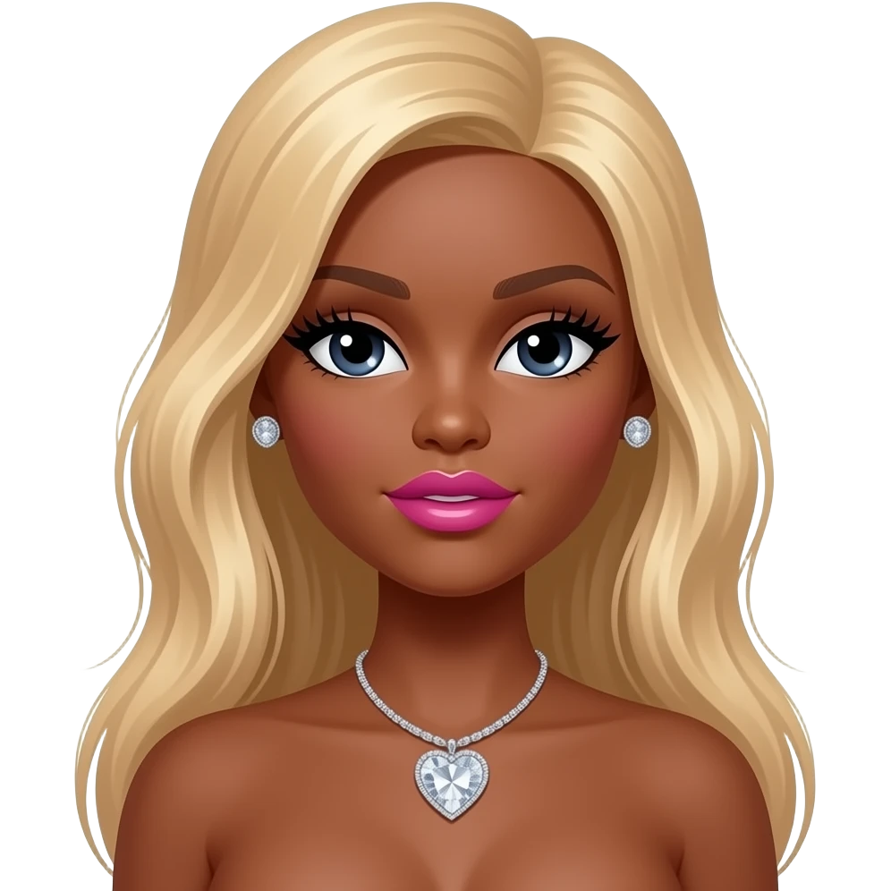 Black girl, Pink big lips, black doll eyes, dark brown skin, Long giant lashes,Doll faced shaped, silver Swarovski heart necklace, big diamond earrings studs, bimbo, black doll eyes, barbie, darker brown skin with blonde hair, big breast, no bra emoji