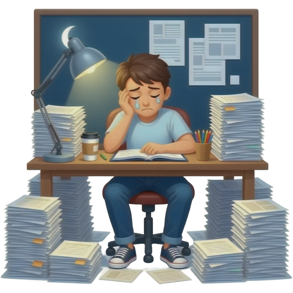 exhausted student with thousands of documents emoji