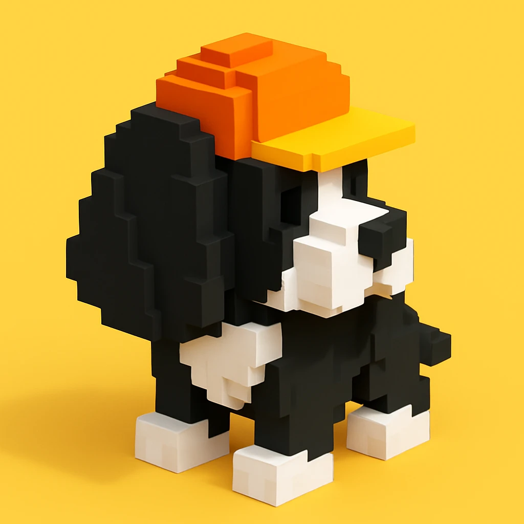 A black and white Russian Cocker Spaniel puppy wearing a cap, facing right. emoji