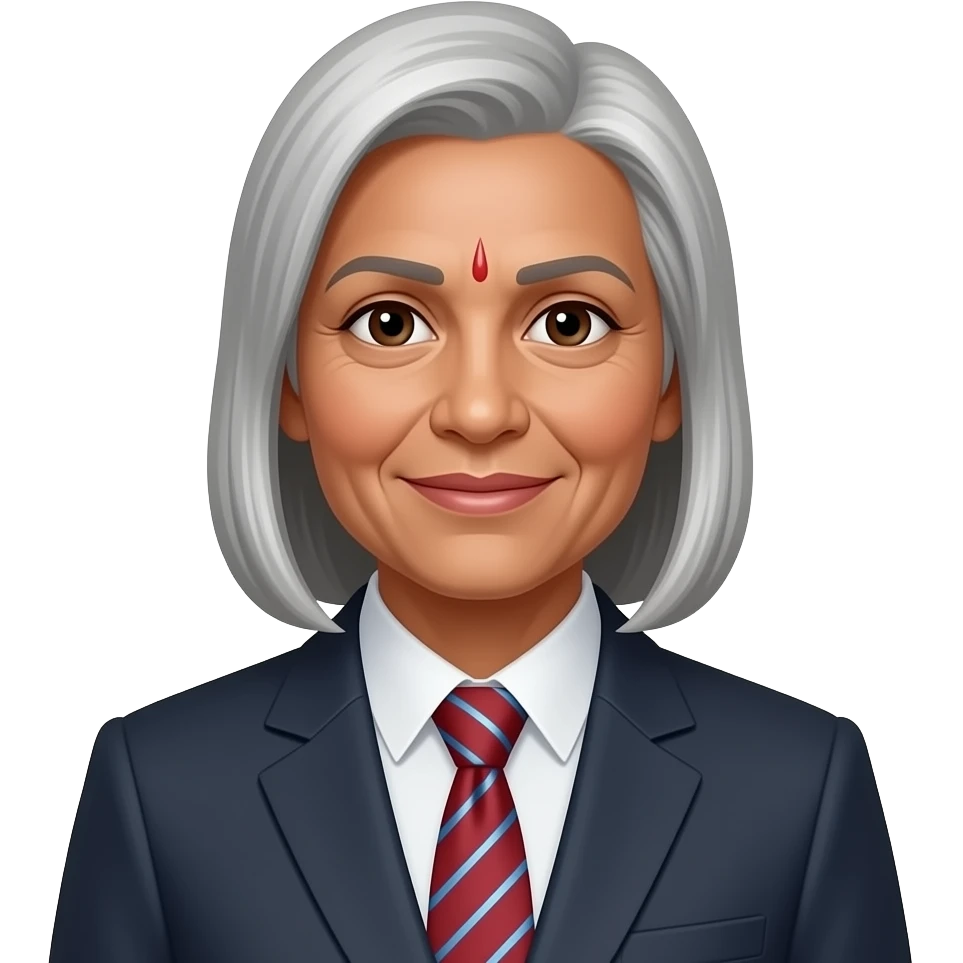 Indian female 60 years old with straight grey hair using using suit emoji
