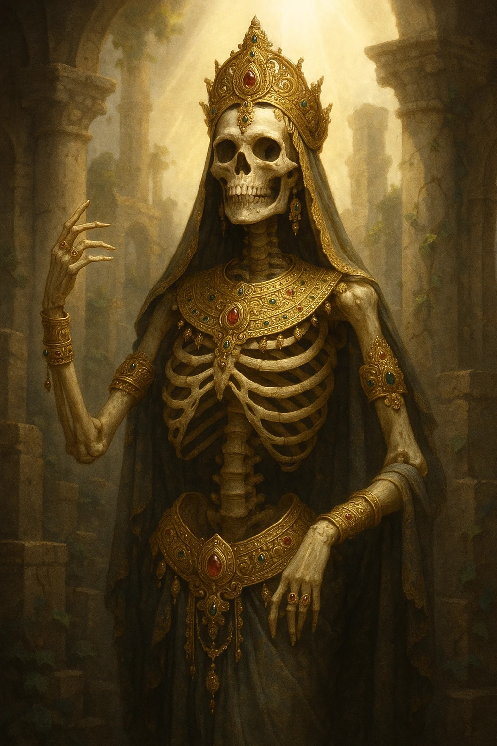 goddess skeleton, regal pose, ornate jewelry, ancient ruins background, divine light emoji