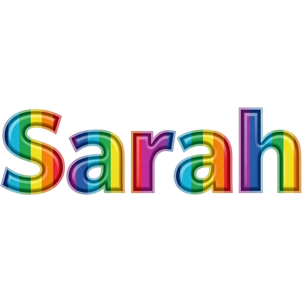 name "sarah" in grey typography lettering, each color of the rainbow as a border outlined around each letter, isolated, 3d rendering, no emoji icons no emoji faces and must have no human figures emoji
