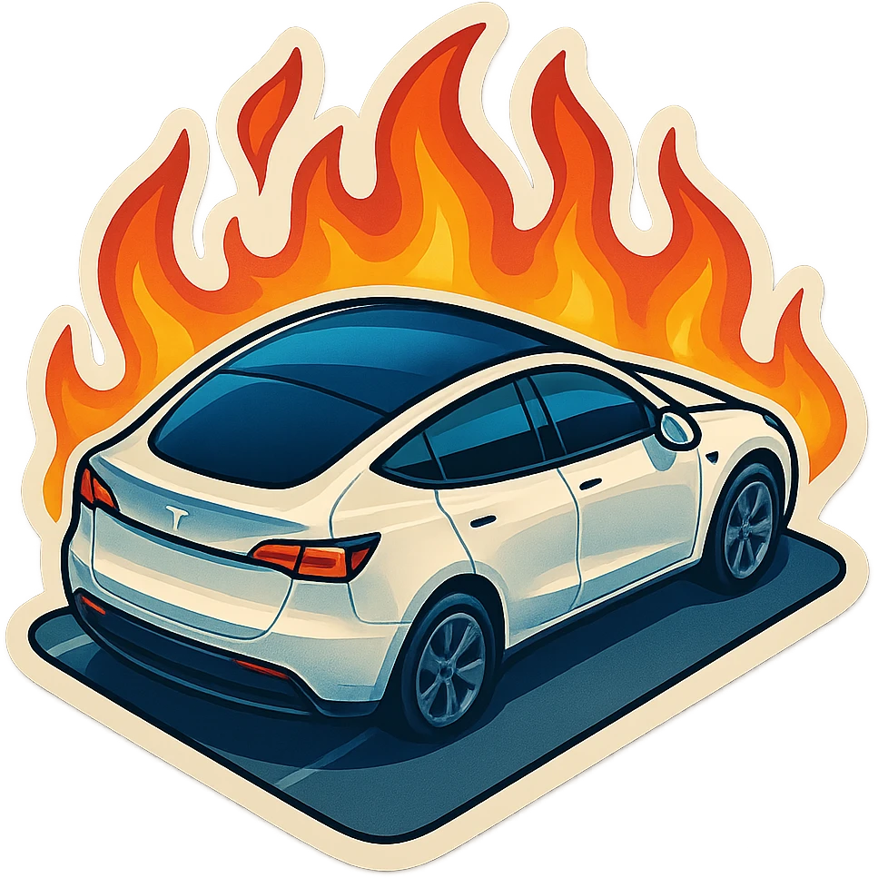 A Tesla Model Y parking in a driveway, from above, with fire around emoji