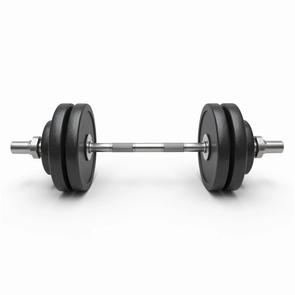hyperrealistic illustration of a barbell with weights isolated on white background, metallic details, soft shading, no other elements emoji