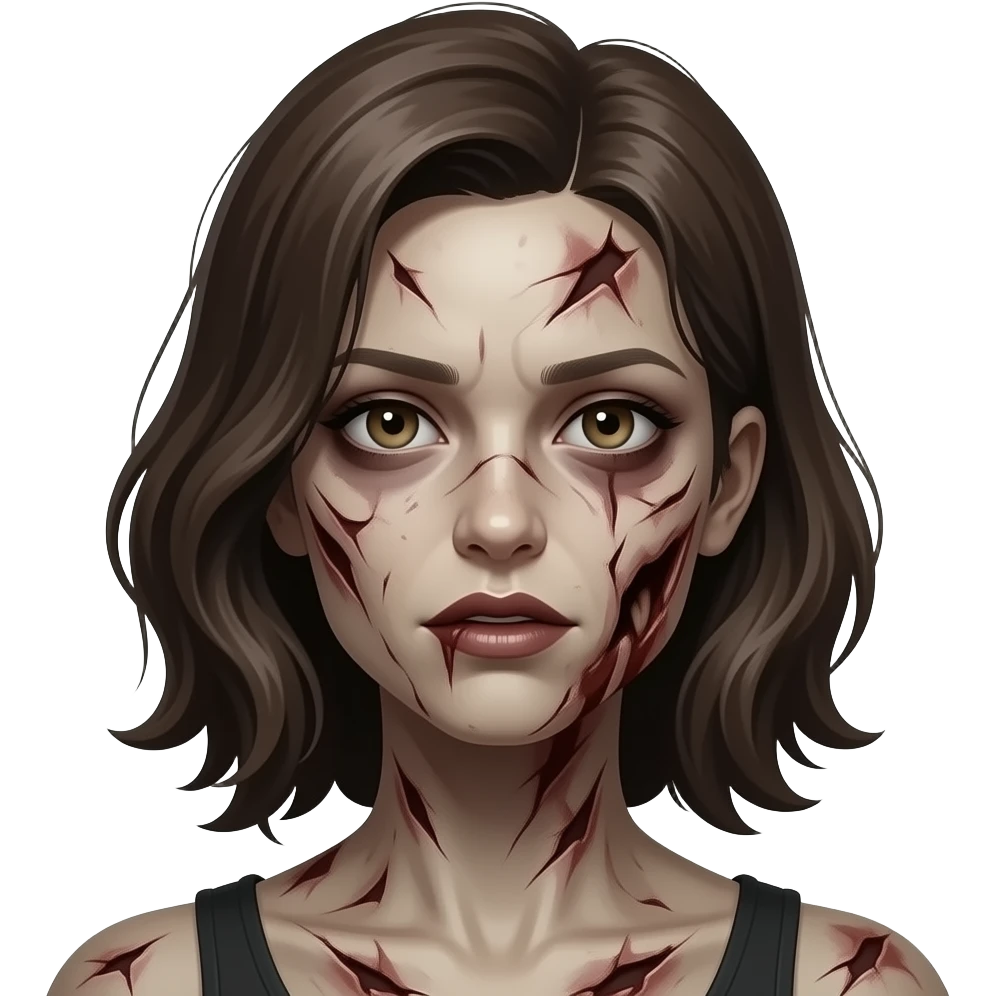 mulher, pele e rosto zumbi, cabelo ate o ombro levemente ondulado nas pontas e olhos escuros emoji