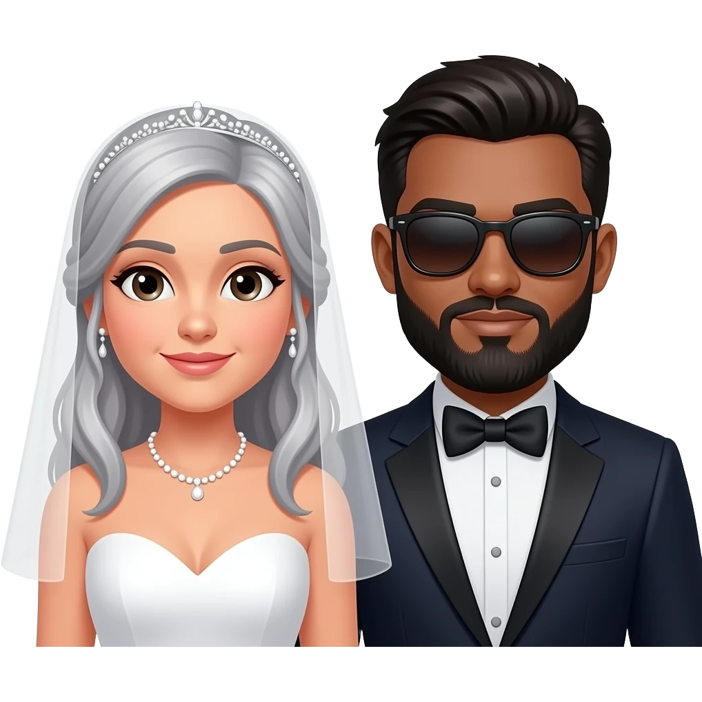 Grey haired bride and a black haired, bearded groom with sunglasses on and a bowtie emoji