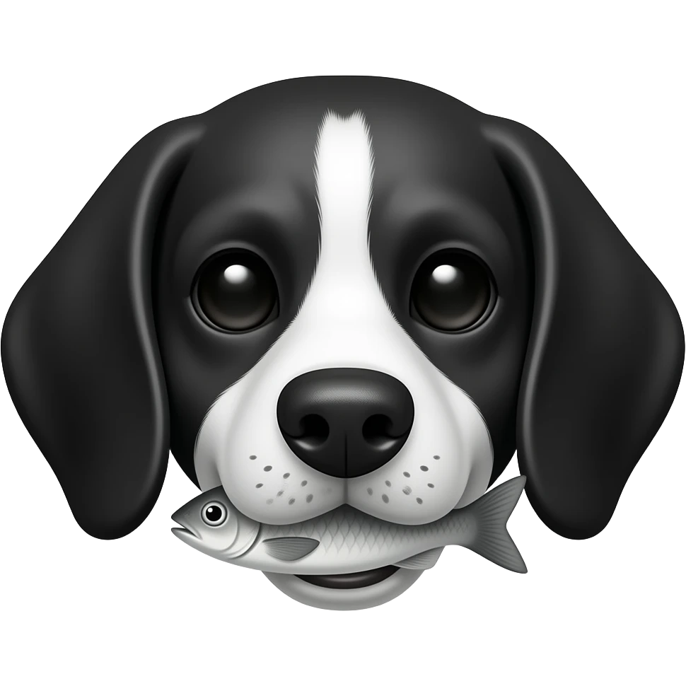Black white beagle face black ears freckled nose fish in mouth emoji