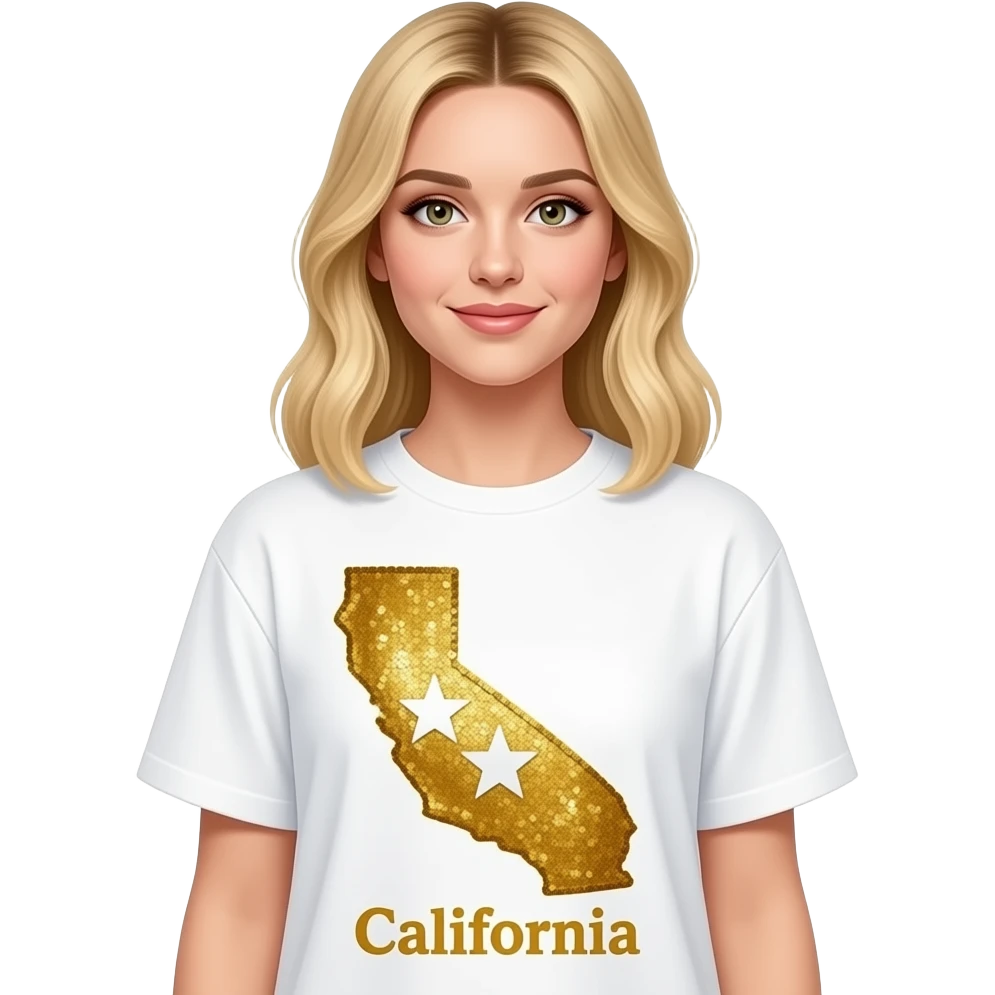Sabrina Carpenter blonde wears an oversized sequined T-shirt dress in a crisp white and metallic gold color palette. a prominent gold sequin sash detail in the shape of California , featuring two small white stars. The word "California" below it emoji