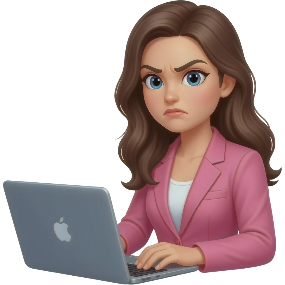 brunette woman wearing pink blazer working on laptop making a disgusted face emoji