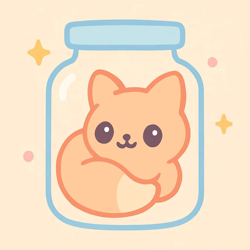 an animal curled up inside a transparent jar, cozy style, kawaii, warm colors, peaceful atmosphere emoji