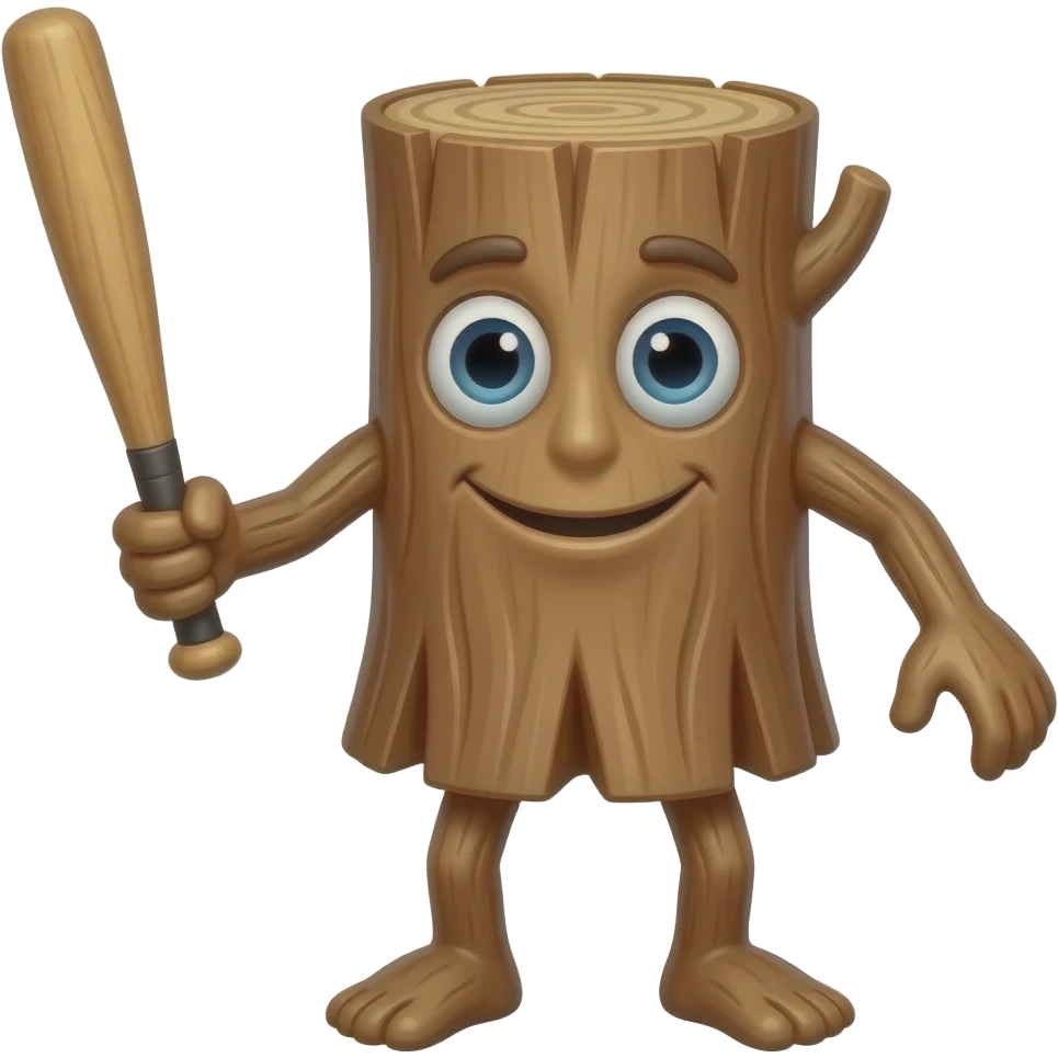 A wooden upright log but with arms and legs and a face. It should also be holding a wooden bat in 1 hand emoji