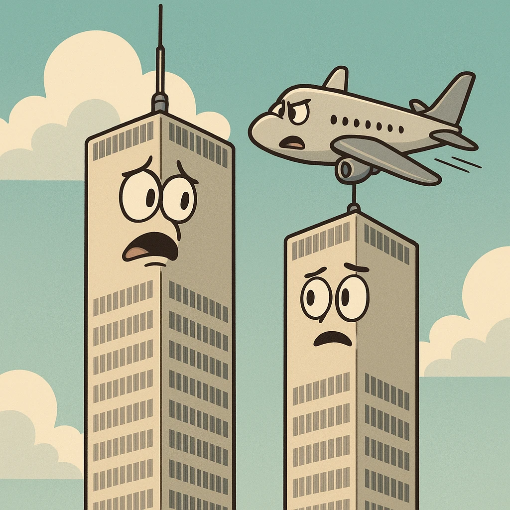simple illustration of two tall towers side by side with an airplane flying toward the left tower emoji