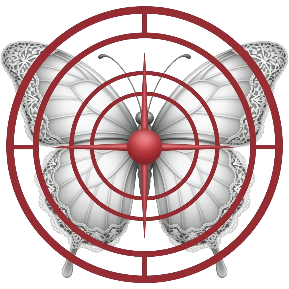 subtle elegant white butterfly, 3D emoji gothic butterfly, white velvet, white filigree, white lace trim, medium red sniper crosshair overlay emoji