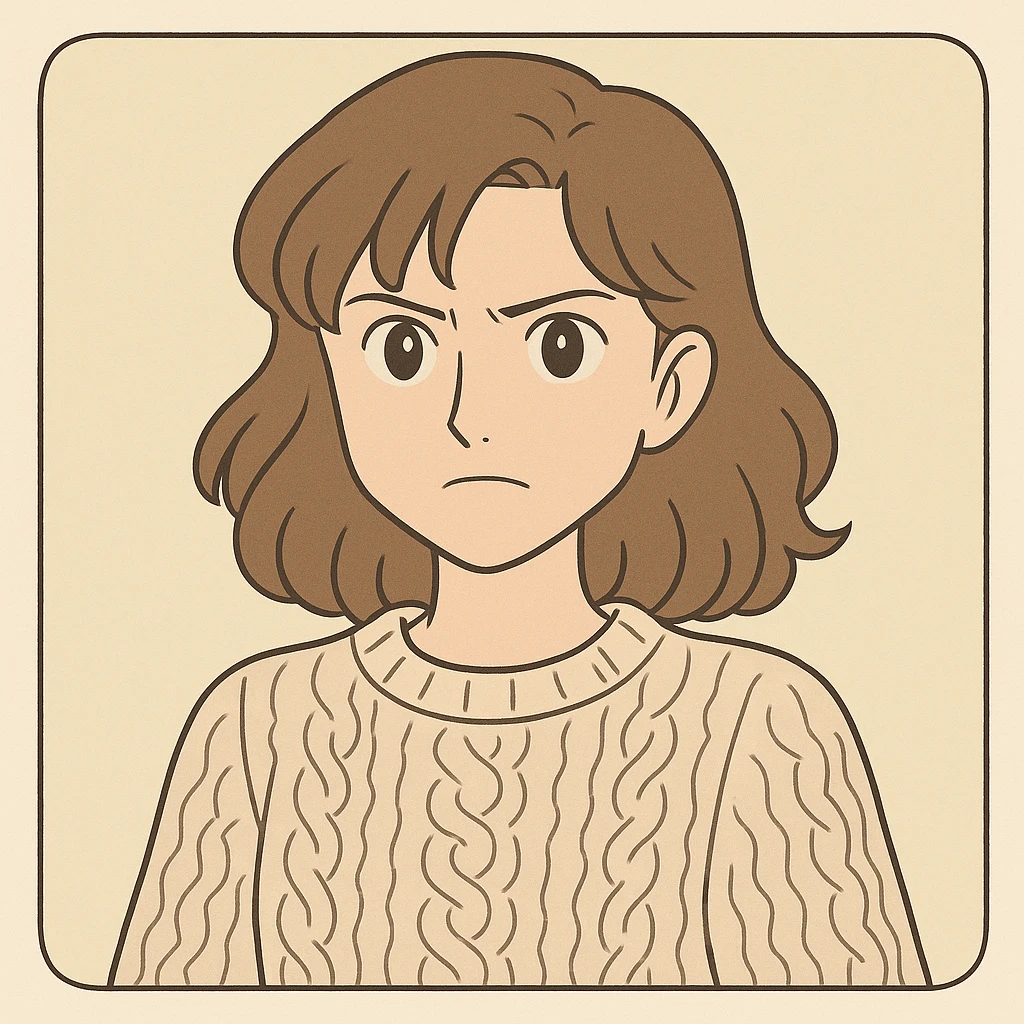 Nancy Wheeler from Stranger Things, iconic look: wavy brown hair, knitted sweater, determined expression, simple line art, light pastel tones, thick outlines, Ghibli style, square 1:1 format, inspired by the provided references. emoji