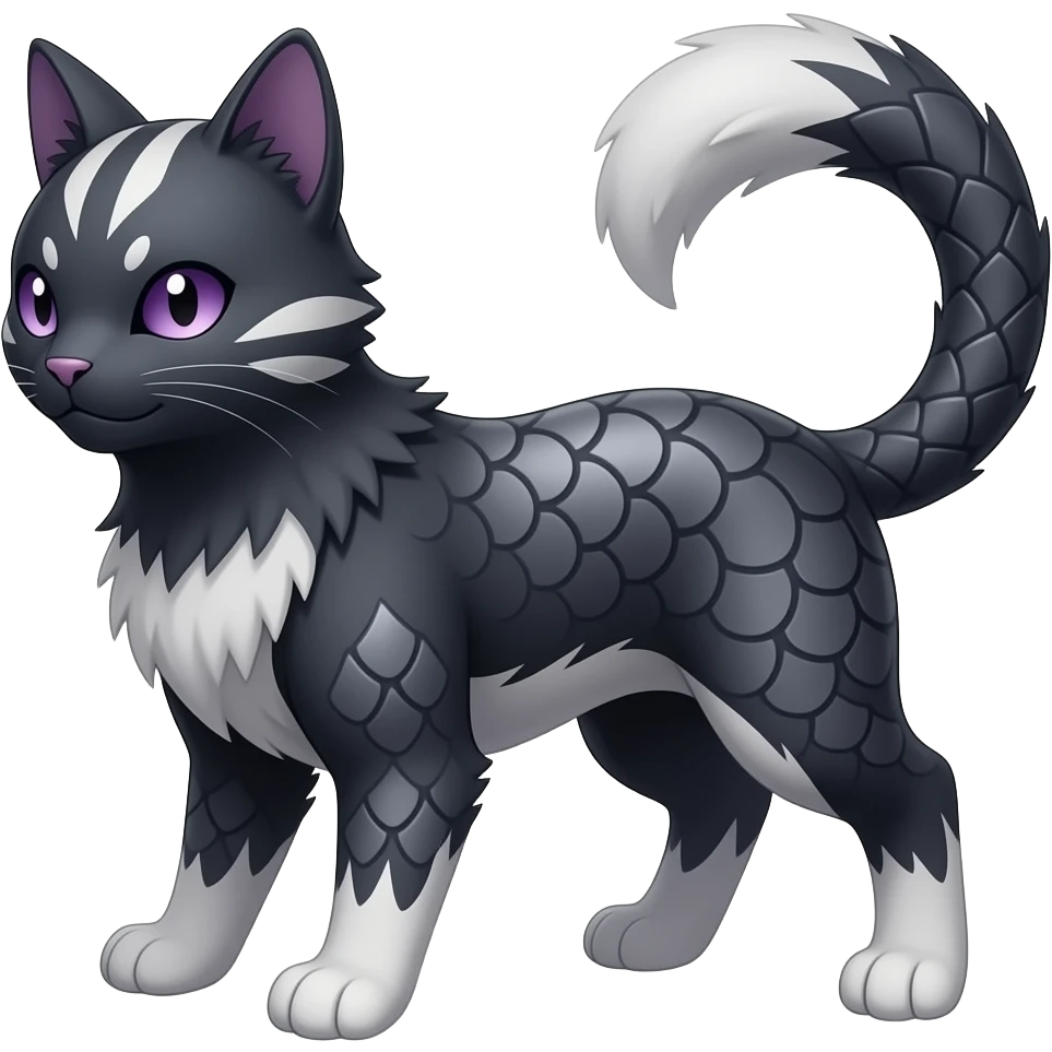 Abyssinian dark, scaly furry oil-blackish oily greyish, purplish, whitish abyss-fantasy-Zorua-Sprigatito-Absol-feline-Fakémon-fusion, full body emoji