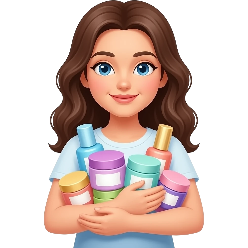 woman hugging many pastel cosmetic cream jars emoji