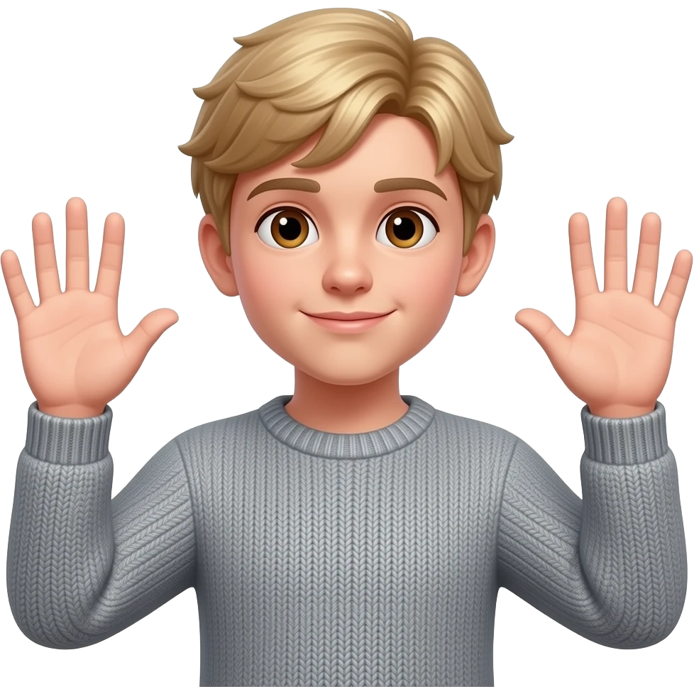 Adolescent blond avec les œufs marrons et un pull gris, mettant ces deux mains plate à 180°, lever au niveau de son ventre avec 6 sur sa main de gauche et un 7 sur sa main de droite emoji